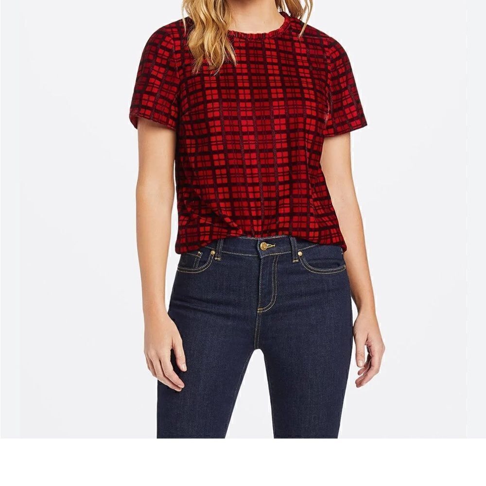 Draper James Red Plaid Velvet Ruffle Neck Top | Size S